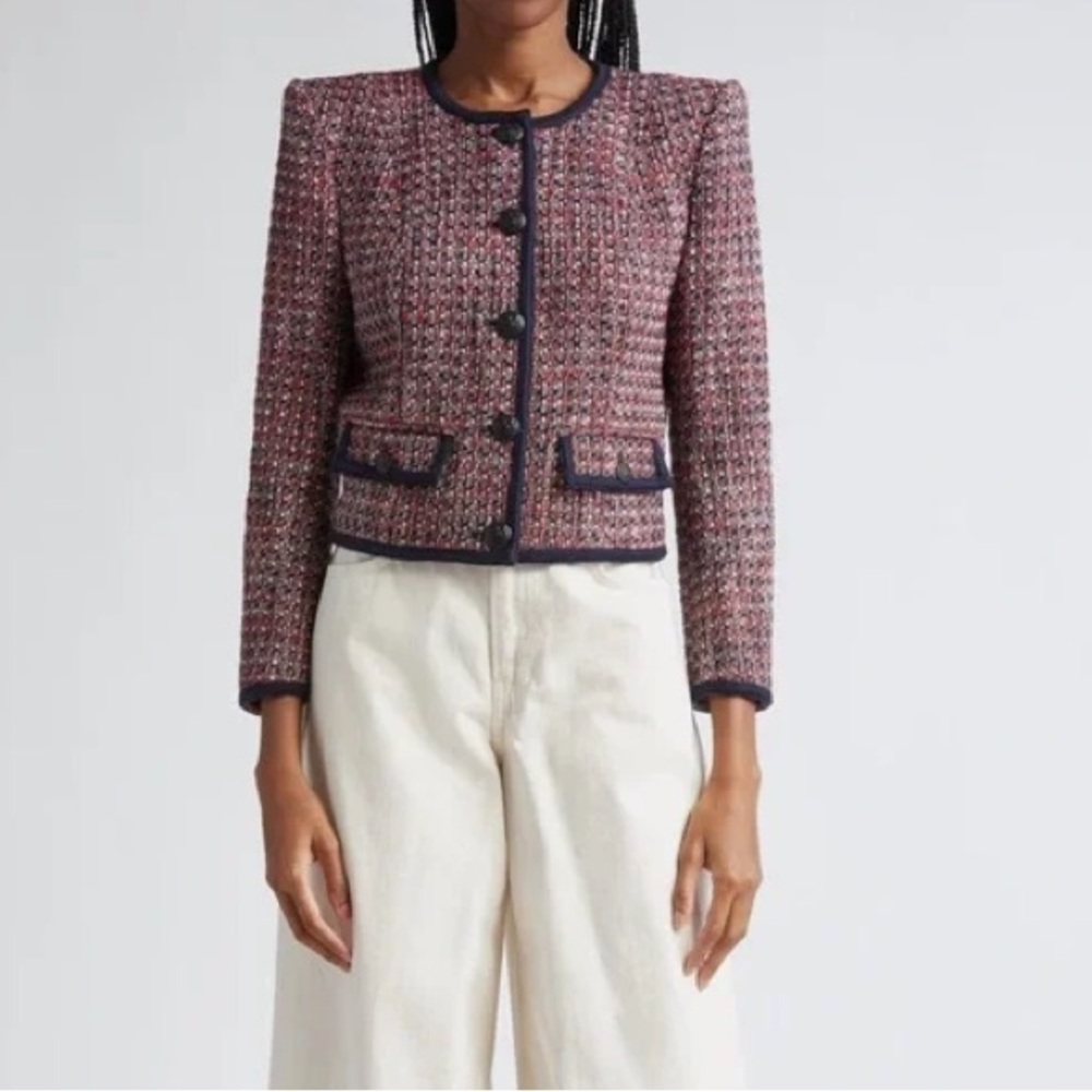 Veronica Beard Ceres Tweed Blazer Jacket in Red Blaze Navy Multi Women's 4